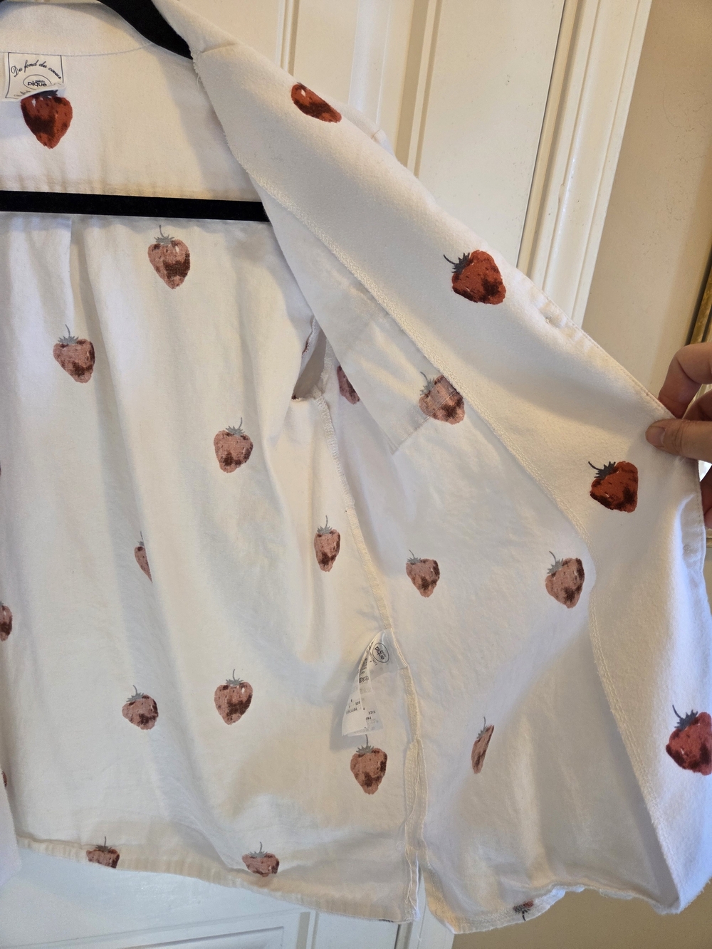 White Strawberry Print Button Down Collared Shirt With Front Pocket Charm - Picture 4 of 9